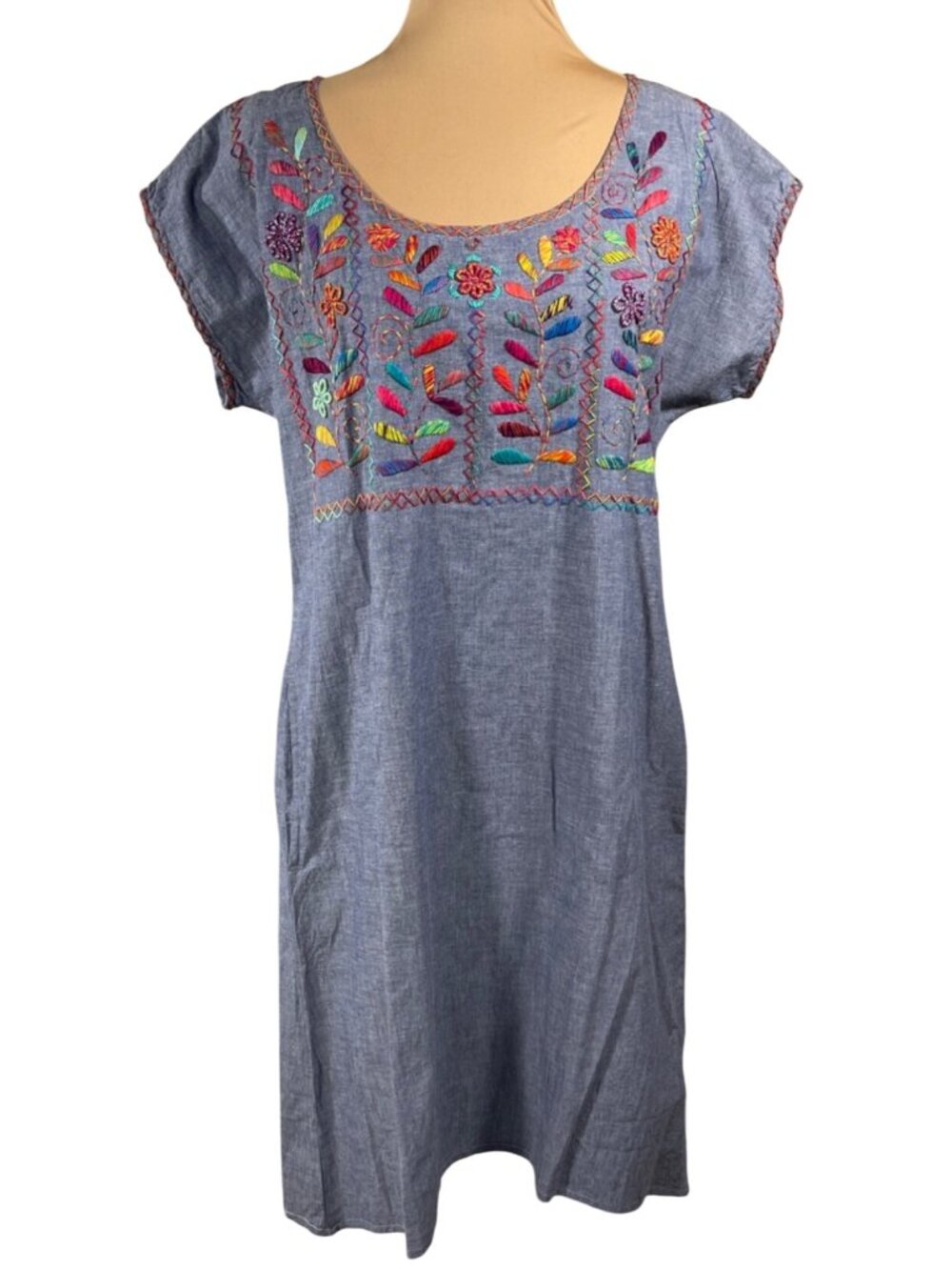 Abrazo Style Chambray Shift Dress Blooming Vine Size L Large Cotton Embroidered